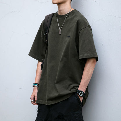 320G Heavyweight Washed Distressed Short Sleeve T-Shirt – Letter Embroidery Vintage Tee for Men – Japanese vintage | yamalin clothes | Yamalinclothes