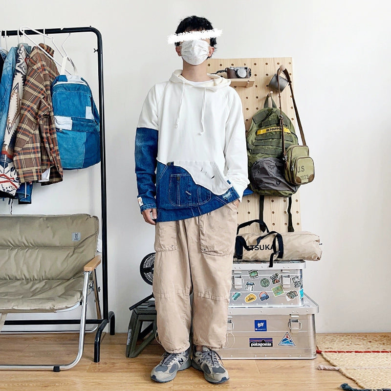 Men's washed denim patchwork hooded sweatshirt kangaroo pocket jacket