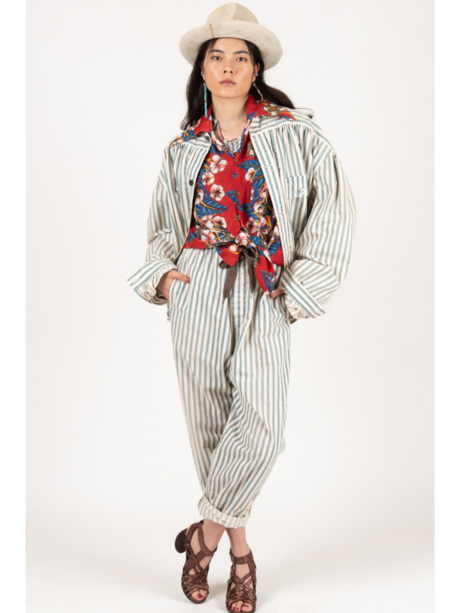 Japanese trend men's and women's cotton and linen striped breathable casual trousers