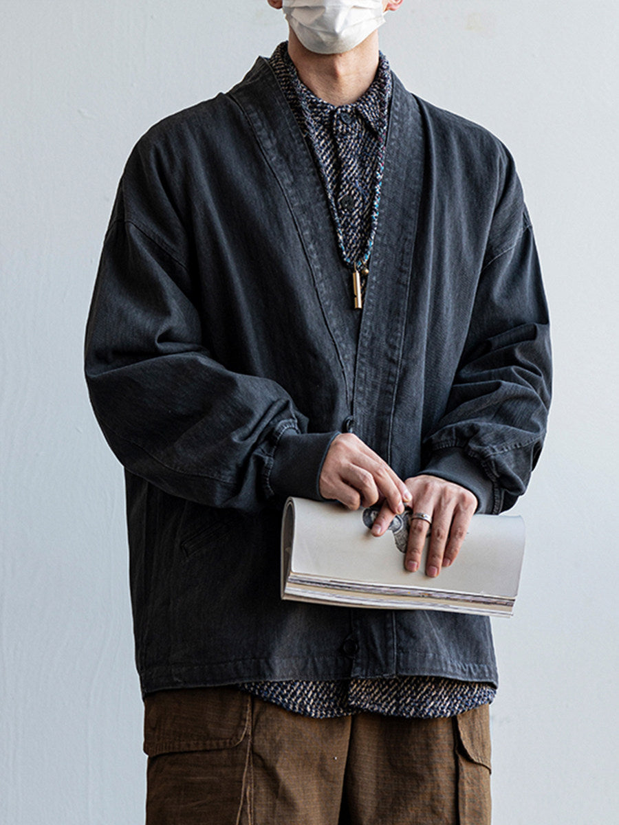 Solid Cotton V-Neck Robe Jacket – American Retro Oversized Unisex – Japanese vintage | fall outfits 2026 | fall winter outfits | classy winter outfits | lazy comfy outfits | japanese streetwear | vintage workwear | yamalin clothes | Yamalinclothes