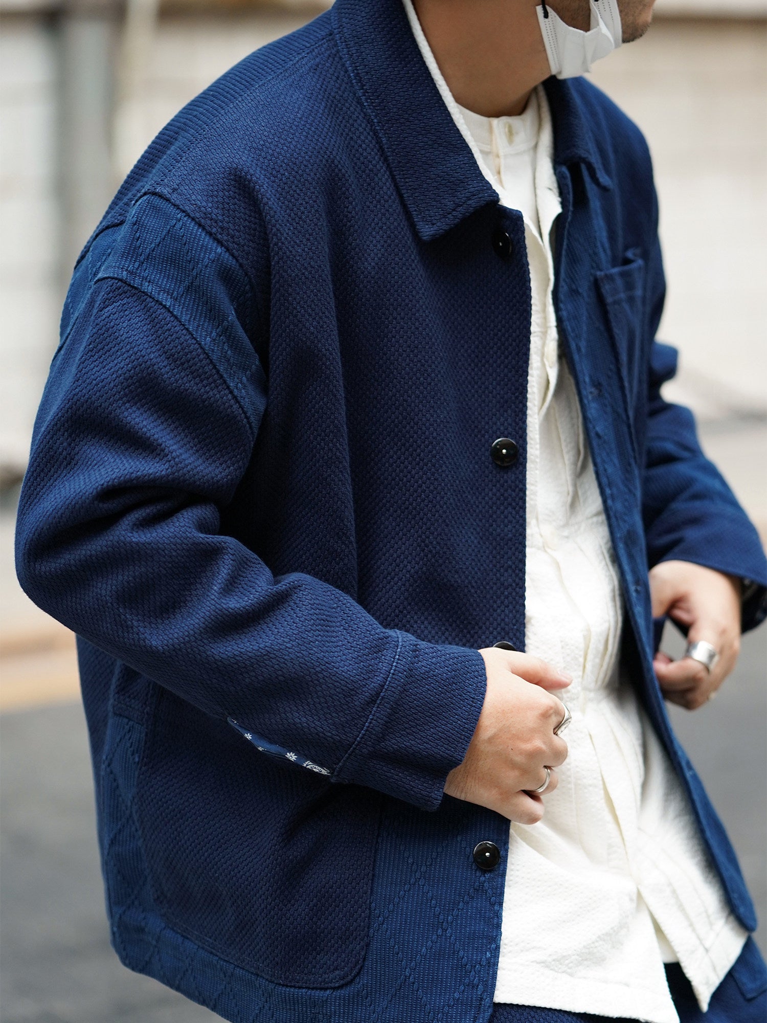 Blue Dye Patchwork Cashew Flower French Workwear Jacket – Loose Short Tooling Coat Men – Japanese vintage | yamalin clothes | Yamalinclothes