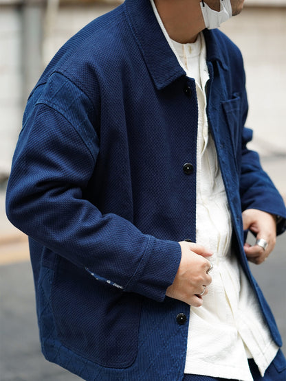 Blue Dye Patchwork Cashew Flower French Workwear Jacket – Loose Short Tooling Coat Men – Japanese vintage | yamalin clothes | Yamalinclothes