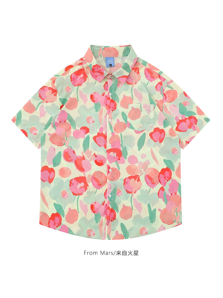Vintage Hong Kong style printed short-sleeved shirt loose bf casual flower shirt for men and women