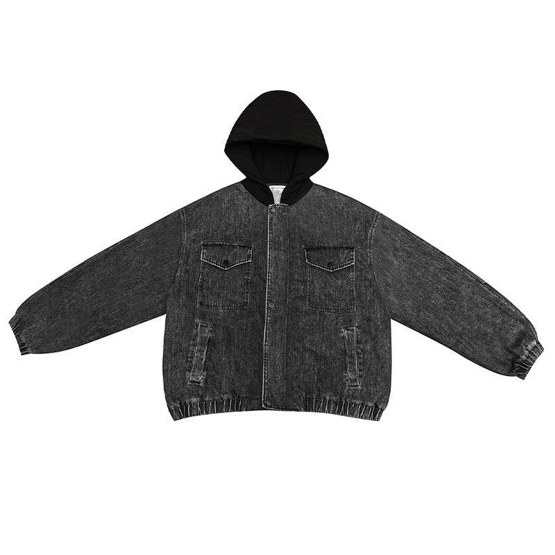 Washed Hooded Denim Patchwork Cotton Jacket – Drop Shoulder Loose Workwear Unisex – Coats Jackets | japanese streetwear | vintage workwear | unisex | Yamalinclothes