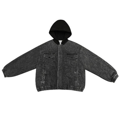 Washed Hooded Denim Patchwork Cotton Jacket – Drop Shoulder Loose Workwear Unisex – Coats Jackets | japanese streetwear | vintage workwear | unisex | Yamalinclothes
