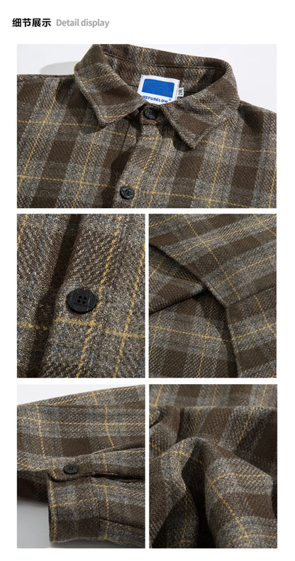 Retro Brushed Plaid Shirt – Thickened Loose Workwear Long Sleeve Jacket for Men – Japanese vintage | yamalin clothes | Yamalinclothes