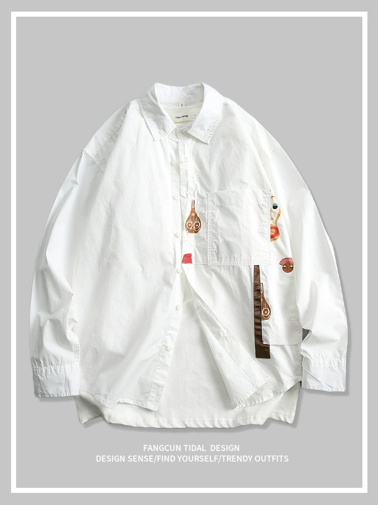 Niche design autumn style fun patchwork print pure cotton men's long-sleeved shirt