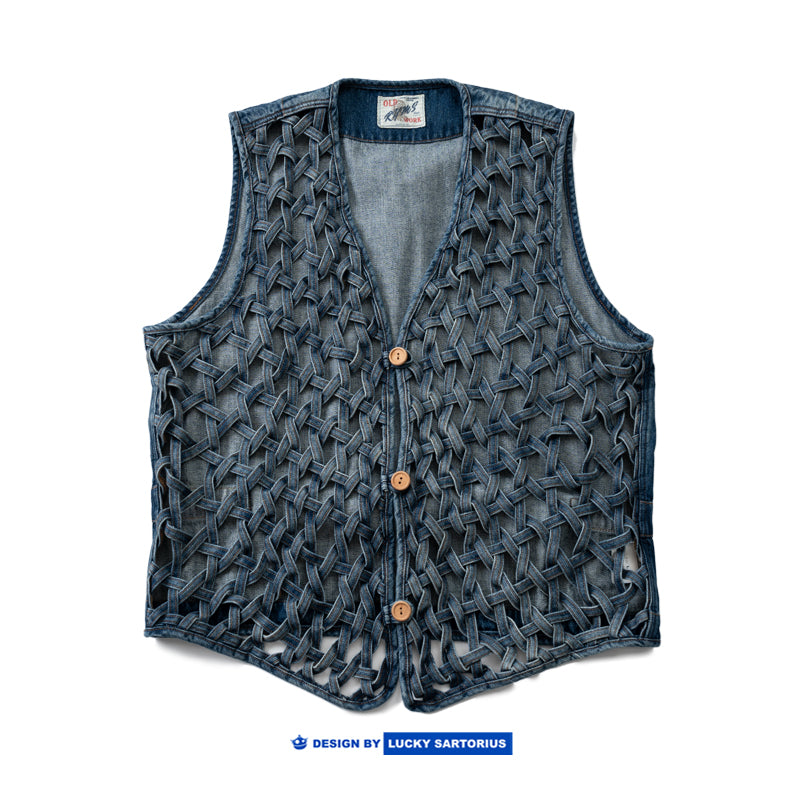Hand-woven cut-out casual loose denim vest jacket for young men and women
