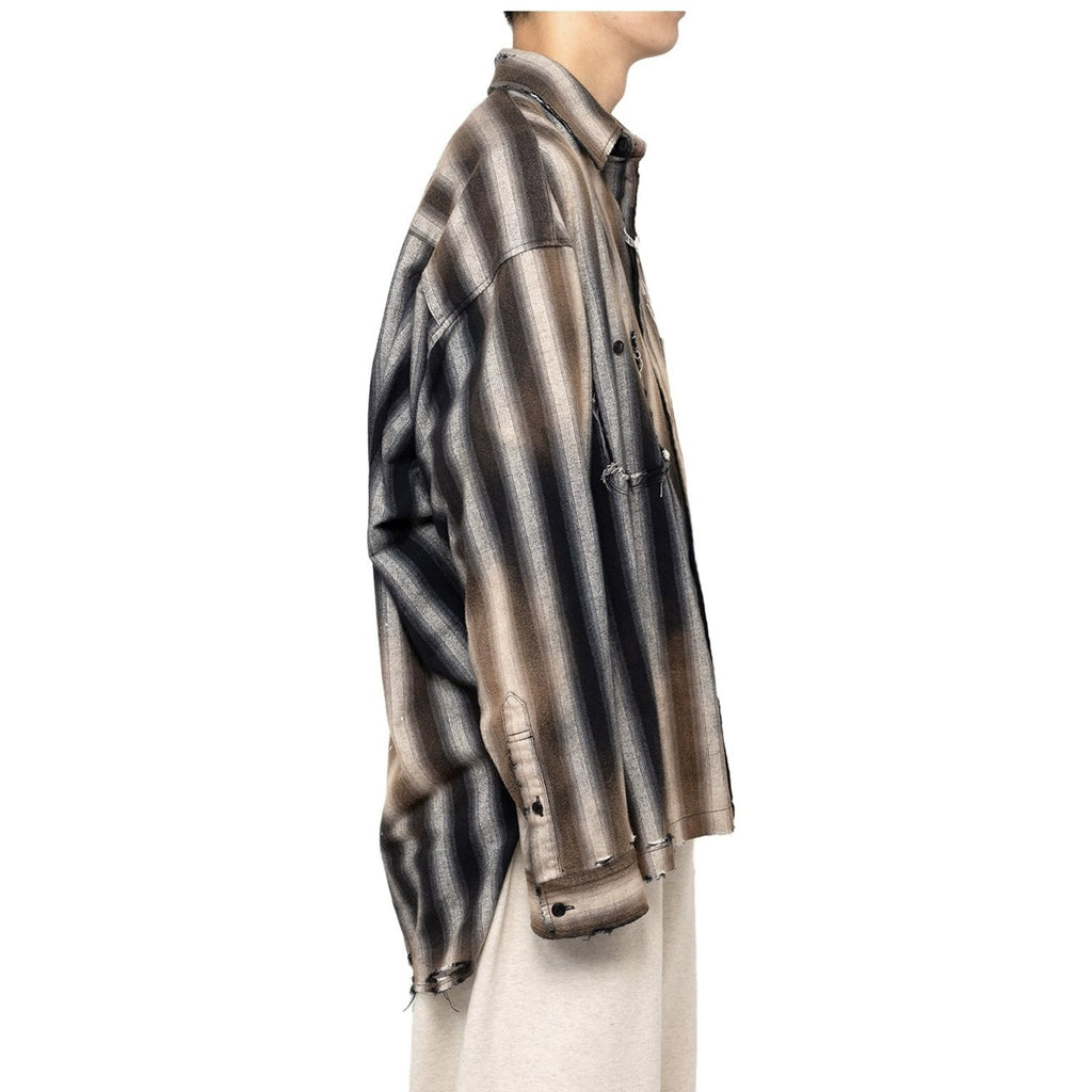 Japanese style striped duck embroidered distressed long sleeve shirt