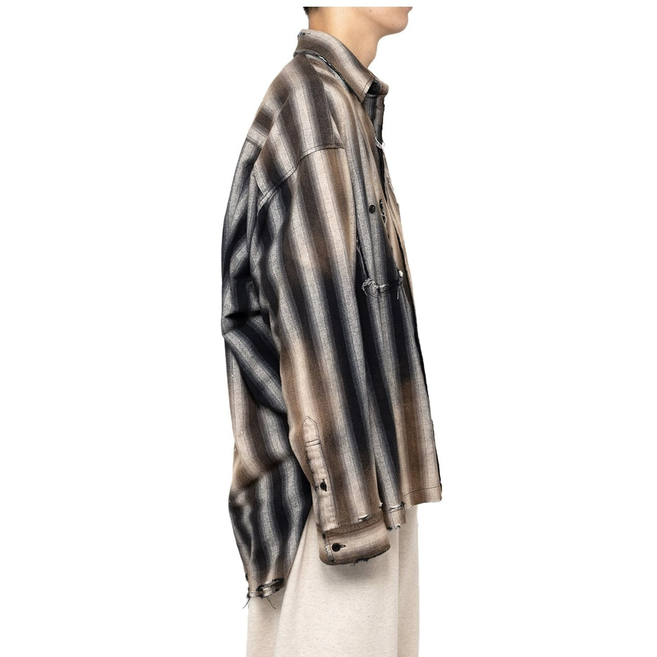 Japanese style striped duck embroidered distressed long sleeve shirt