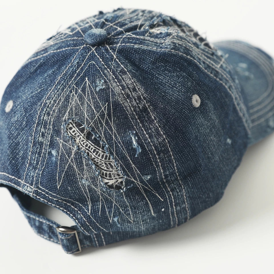 Niche designer brand: vintage ripped patch distressed denim hat, Japanese utility hat