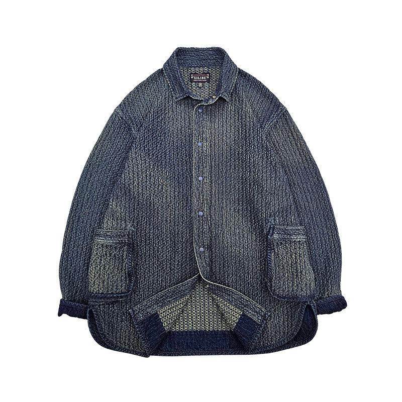 Draw-Dye Distressed Honeycomb Shirt Jacket – Japanese Vintage Loose Mid-Length Unisex – Coats Jackets | japanese streetwear | vintage workwear | unisex | Yamalinclothes