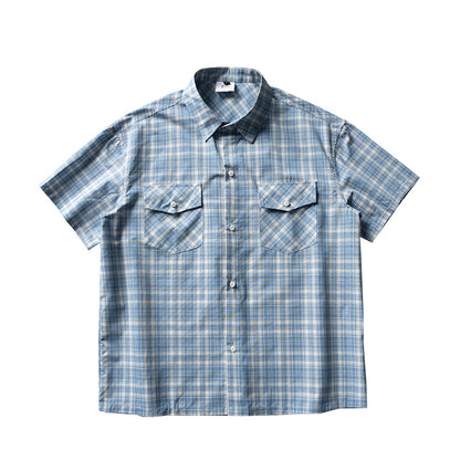 Retro Plaid Double Pocket Cotton Short Sleeve Shirt – Loose Unisex Workwear Casual