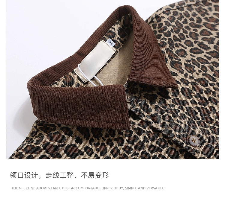 hip-hop American retro vintage leopard print polo collar denim short-sleeved men's and women's trendy brand fried street heavy shirts