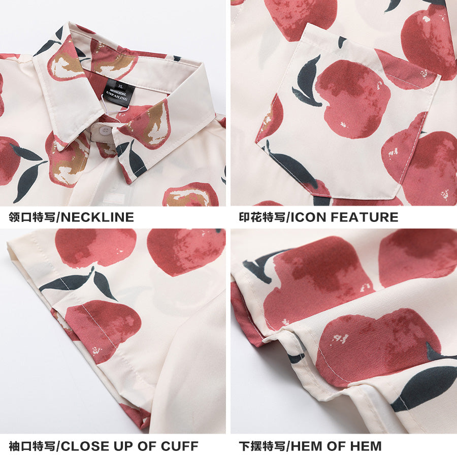 Japanese Hawaiian Peach Full Print Short Sleeve Shirt Men's Summer Hong Kong Style Couple Half Sleeve Flower Shirt