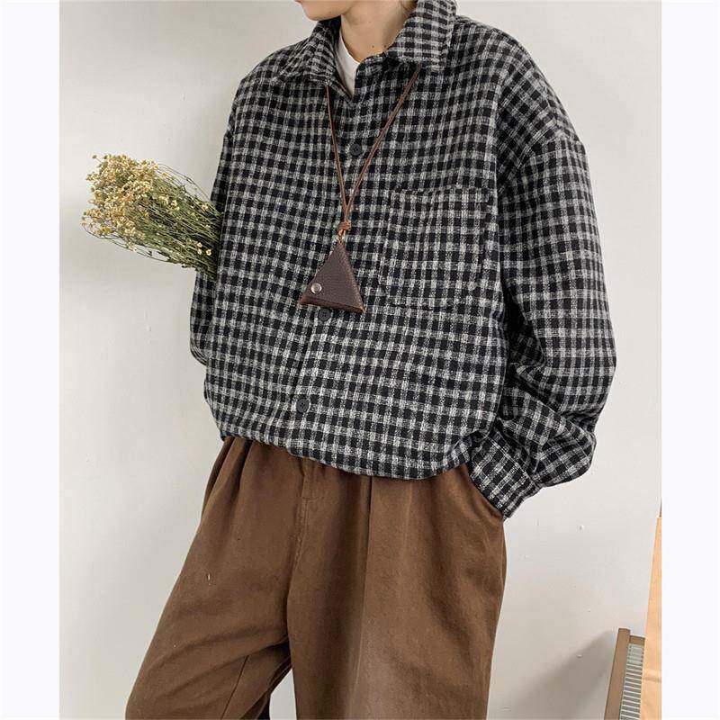 American Vintage Plaid Shirt Jacket – Loose Lapel Long Sleeve Casual Overshirt for Men | Japanese vintage | yamalin clothes | Yamalinclothes