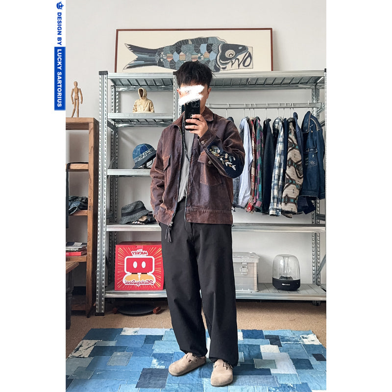 Japanese retro washed old multi-pocket tooling embroidery water drop patch sleeve jacket