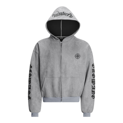 Suede Embroidered Hooded Zip Sweatshirt – Loose Vintage Unisex Jacket