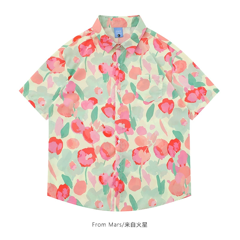 Vintage Hong Kong style printed short-sleeved shirt loose bf casual flower shirt for men and women