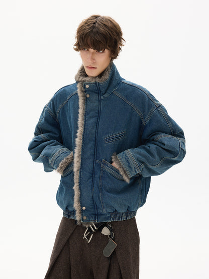 American Vintage Deconstructed Washed Denim Fur-Collar Jacket – Oversized Unisex Trucker Coat
