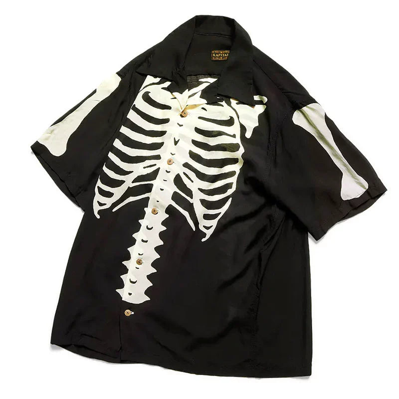 Japanese street casual bone print Cuban collar short sleeve shirt