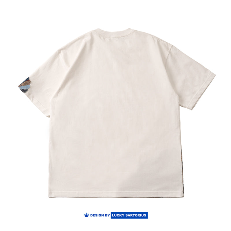 Heavyweight pure cotton indigo ancient cloth splicing round neck T-shirt hand-sewn