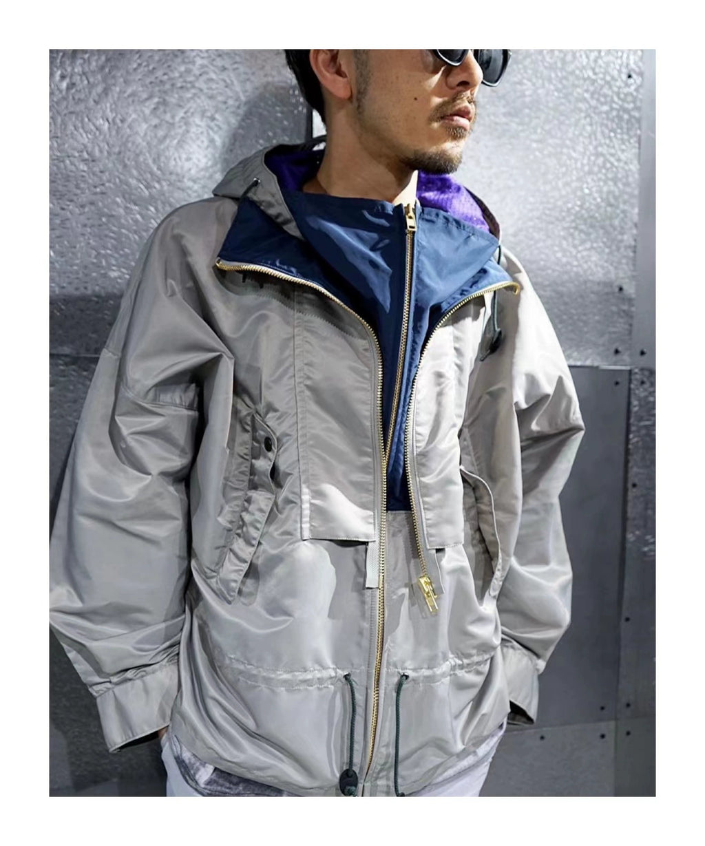 Japanese style two-color nylon waterproof double zipper loose hooded long-sleeved jacket