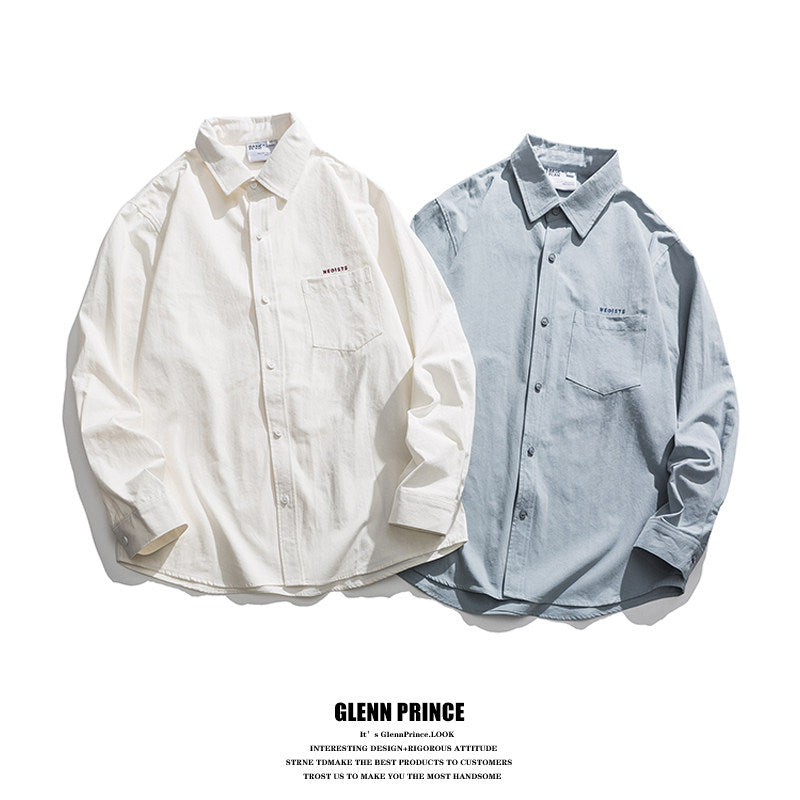 Japanese trend embroidery letter solid color lapel long sleeve shirt men's spring and autumn cleanfit shirt | Japanese vintage | yamalin clothes | Yamalinclothes