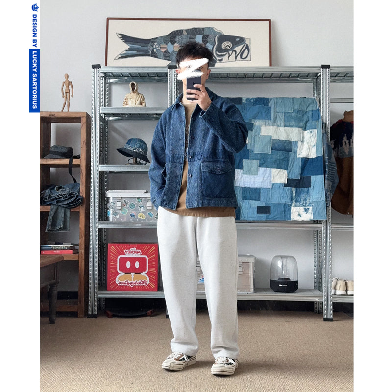 Kendo fabric texture indigo washed old multi-pocket tooling lapel jacket outer for men