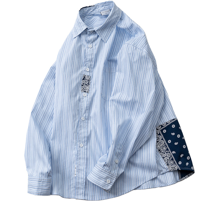 Japanese ethnic style cashew flower splicing casual long sleeve shirt