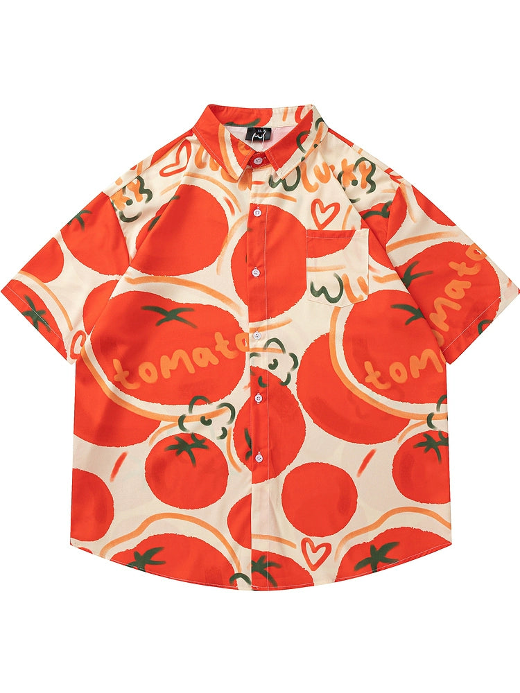 Harajuku wind ins red apricot color white shirt fruit full print lazy summer tide