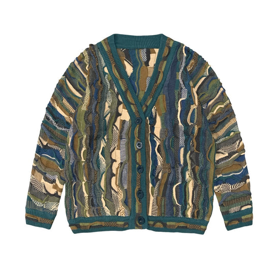 vintage Hirata and Hongfeng Heavy Industries vintage American V-neck bitter melon pattern jacquard cardigan sweater