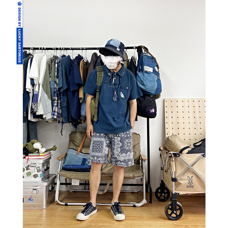 luckysartorius indigo dyed thorn embroidery patch craft Japanese loose version short-sleeved Polo shirt men's tide