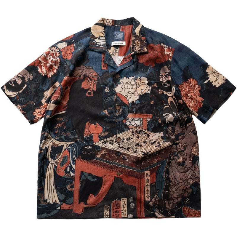 Mikuni Guan Yu cartoon character print summer lyocell ice sense tencel fabric cuban collar short sleeve shirt men and women
