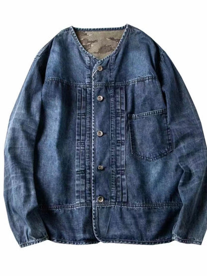 Japanese Retro Cotton Denim Jacket Men – Hand-Washed V-Neck Long Sleeve Streetwear | Japanese vintage | yamalin clothes | Yamalinclothes
