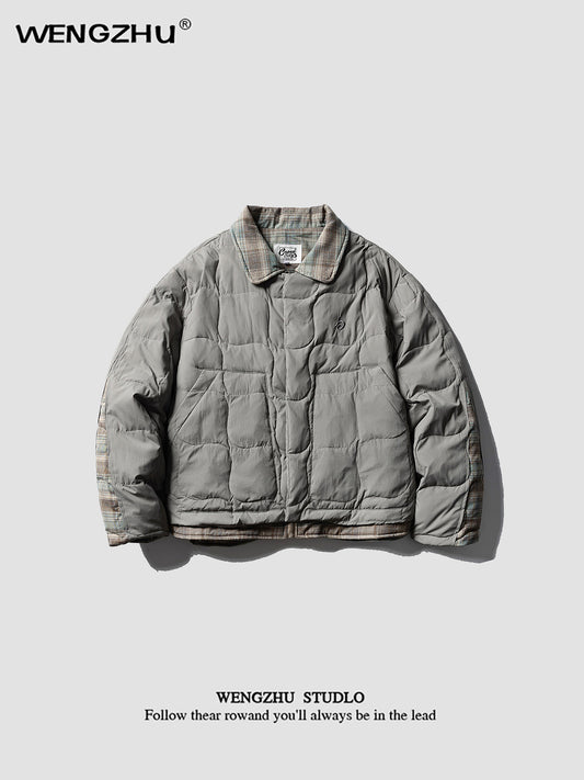 WENGZHU Retro Plaid Collar Quilted Down Jacket - Layered Look Puffer (Unisex)