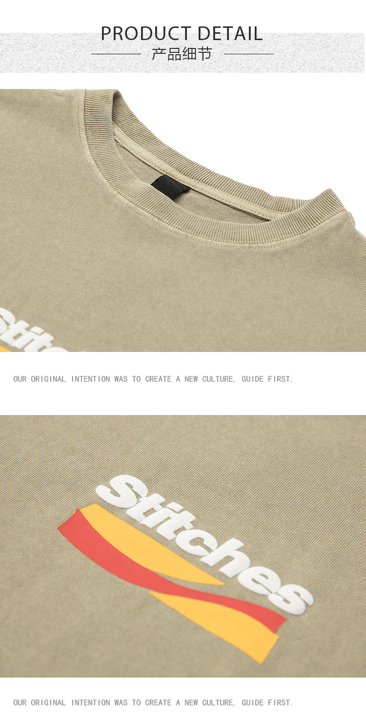 Japanese casual 320g heavy foam print washed short sleeve T-shirt men's summer half sleeve t-shirt