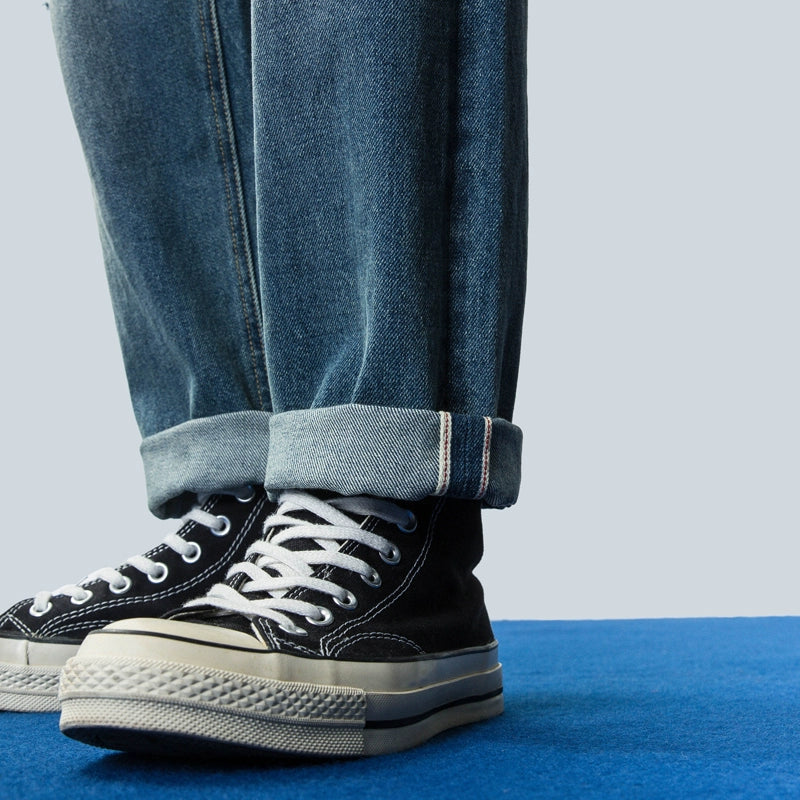 Spring/Summer New Men's Selvedge Bare-Eared Jeans Young Men's Slim Fit Ripped Wash Denim Trousers