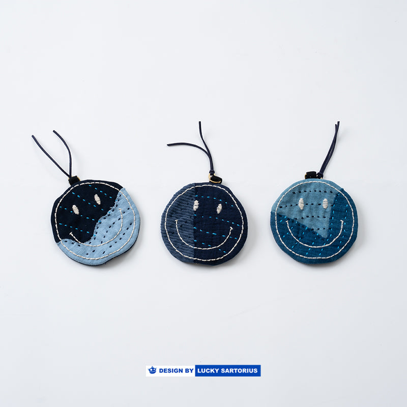Handmade embroidered indigo fabric smiley coin purse