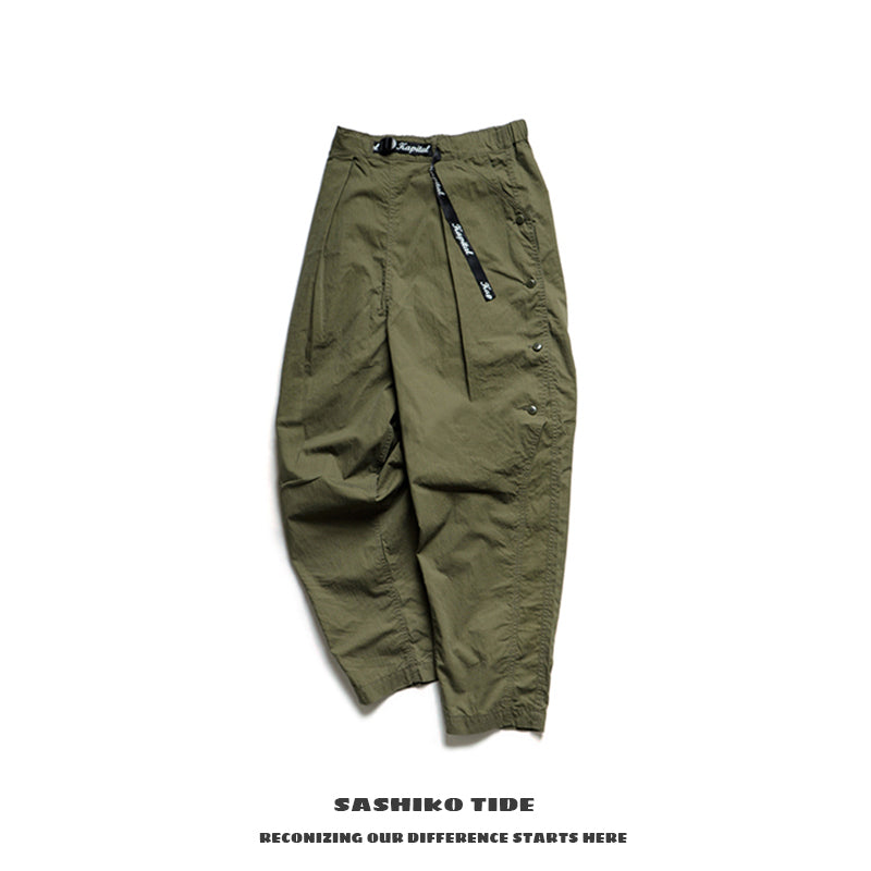 Japanese fashion loose tapered army green buckle military style casual pants
