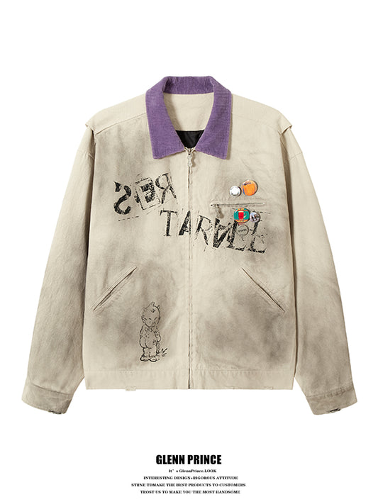 American vintage distressed graffiti contrast lapel Detroit jacket men's ruffian spring and autumn cargo coat