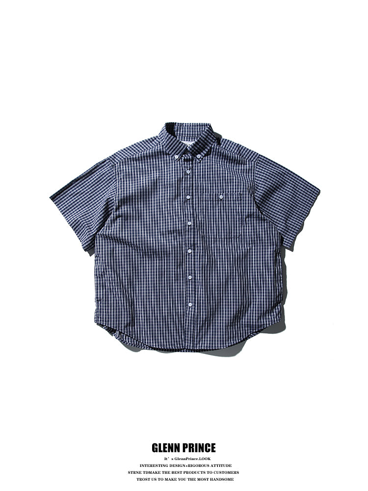 Japanese cityboy plaid lapel short-sleeved shirt boys Korean commuter silhouette trendy brand shirt