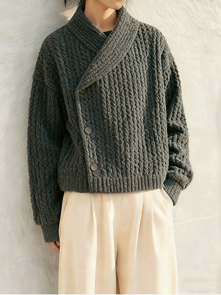 Women's 2025 Winter Old Money Style Knitted Sweater Jacket - Dark Gray-Green Fruit Collar Thick Thread Lazy Fit Top