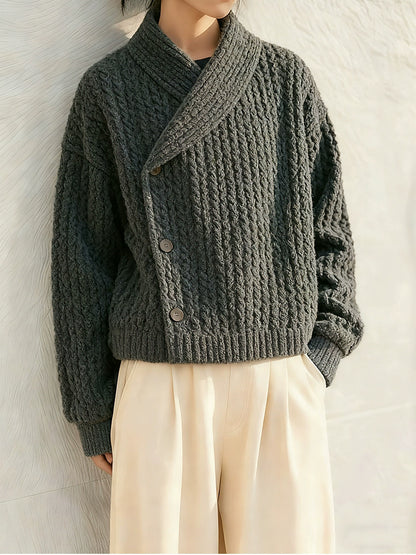 Women's 2025 Winter Old Money Style Knitted Sweater Jacket - Dark Gray-Green Fruit Collar Thick Thread Lazy Fit Top