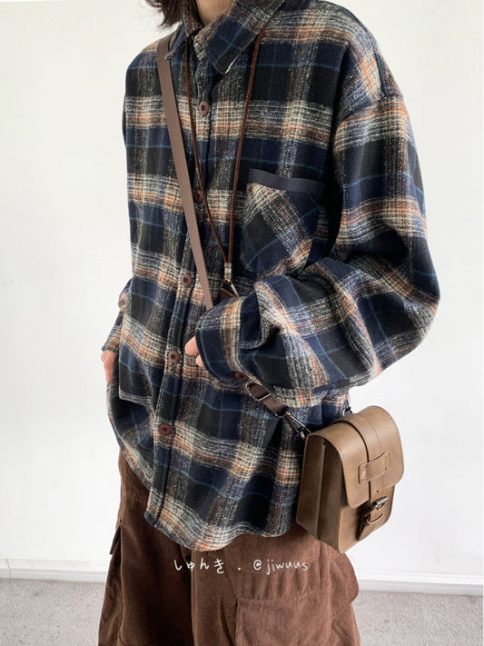 Japanese Vintage Wool-Blend Plaid Shirt – Oversized Unisex Long-Sleeve Preppy Shirt – Japanese vintage | yamalin clothes | Yamalinclothes