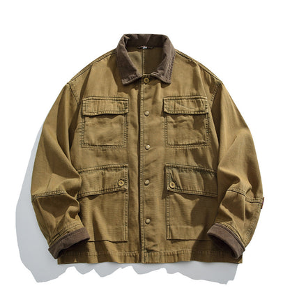 Cotton Cargo Jacket – Corduroy Collar & Four Pockets | Yamalin clothes | Vintage workwear outfit for men