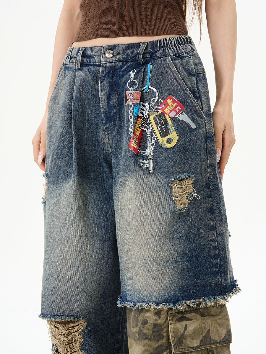 American retro print splicing camouflage jeans for men, handsome high-class street pants
