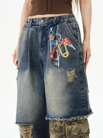 American retro print splicing camouflage jeans for men, handsome high-class street pants