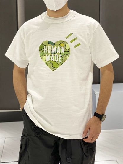 Very good-looking ~ HMAN co-branded KAWS camouflage ape head heart print slub cotton short sleeve T-shirt summer nigo