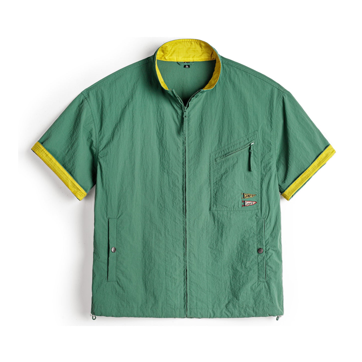 American Vintage Mountain Embroidered Stand Collar Shirt - Lightweight Multi-Pocket Short Sleeve Outdoor Shirt for Men